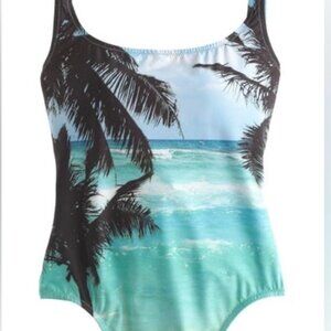 J. Crew Beach Scene w/ Palm Tree Scoop Back one piece C1964 SZ 6